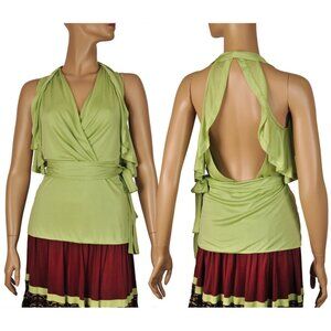 GUCCI TOP OPEN BACK RUFFLES JERSEY BLOUSE GREEN $795 sz IT 42 US 6